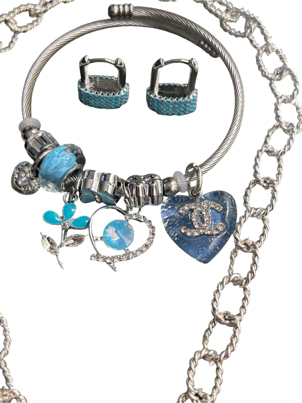 Fashion Jewelry Silver-Tone Necklace with Aqua Blue Crystal Pendant